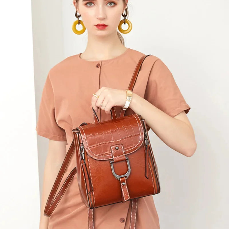 Genuine Leather Women Backpack Rucksack Simple Fashion Grils School Book Bag Mini Oil Wax Cowhide Daypack Knapsack