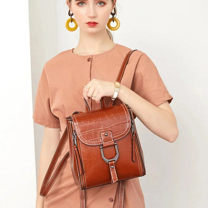 Genuine Leather Women Backpack Rucksack Simple Fashion Grils School Book Bag Mini Oil Wax Cowhide Daypack Knapsack