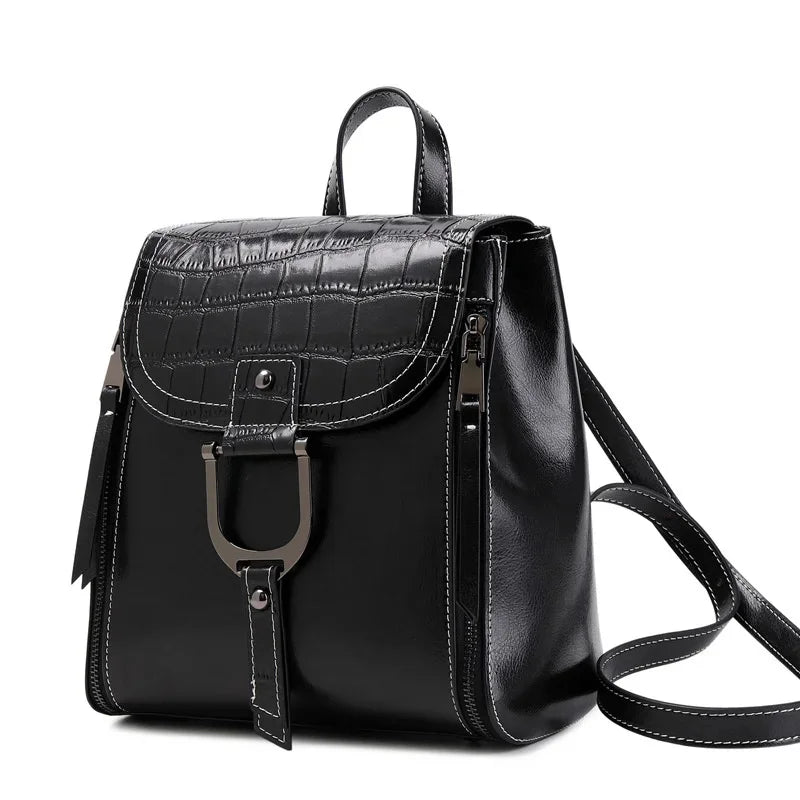 Genuine Leather Women Backpack Rucksack Simple Fashion Grils School Book Bag Mini Oil Wax Cowhide Daypack Knapsack