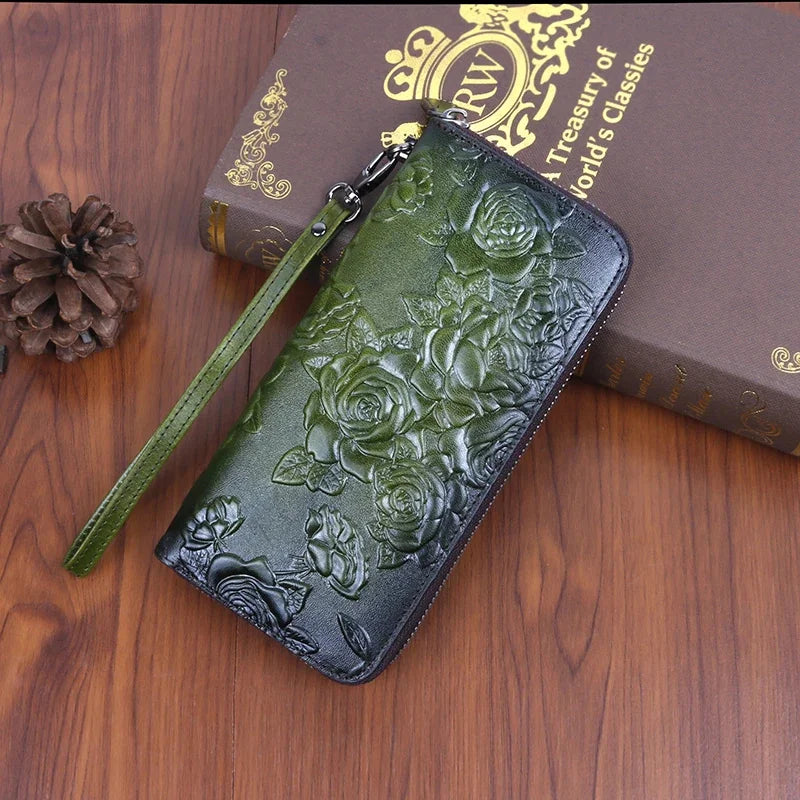 Genuine Leather Women Purse Clutch Handy Bag Printing Rose floral Real Cowhide Female Ladies Card Retro Money Clips Long Wallet