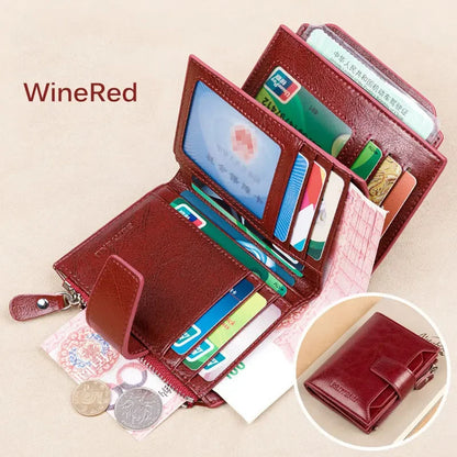Genuine Leather Women Three Fold Wallet RFID Blocking Card Holders Short Female Zipper Coin Purse Multi Function Money Clip