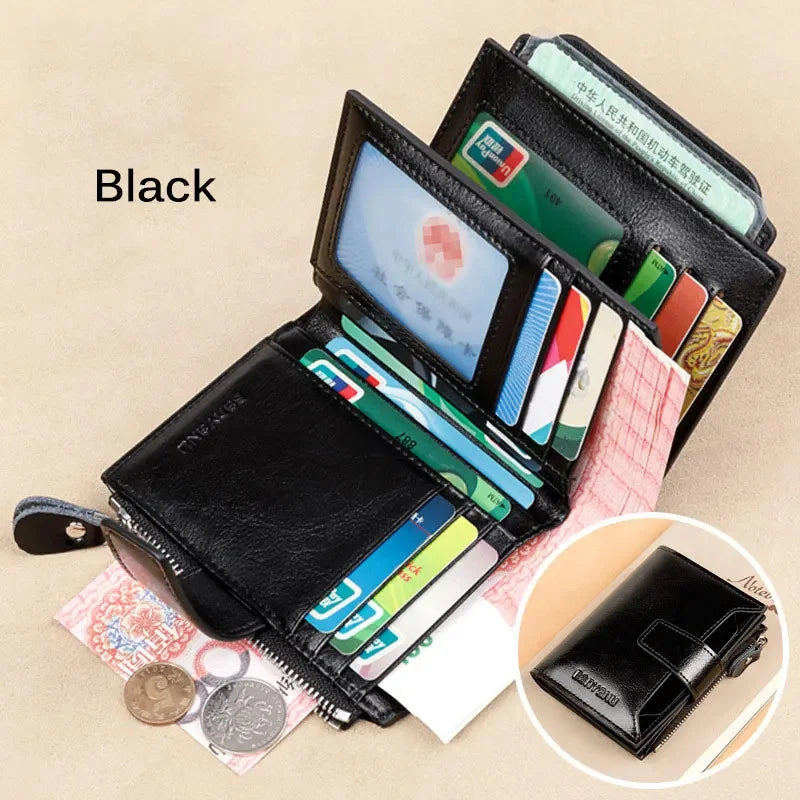 Genuine Leather Women Three Fold Wallet RFID Blocking Card Holders Short Female Zipper Coin Purse Multi Function Money Clip