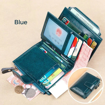 Genuine Leather Women Three Fold Wallet RFID Blocking Card Holders Short Female Zipper Coin Purse Multi Function Money Clip