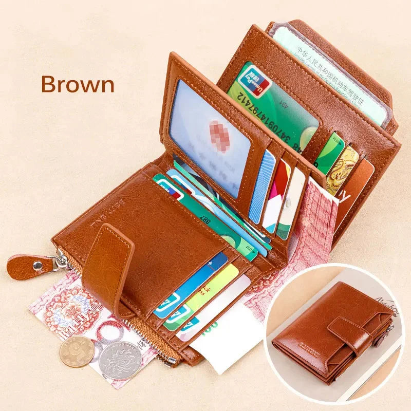 Genuine Leather Women Three Fold Wallet RFID Blocking Card Holders Short Female Zipper Coin Purse Multi Function Money Clip