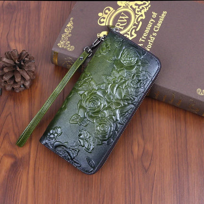 Genuine Leather Women Wallet Long Clutch Handy Bag Printing Rose flower Female Lady Card Retro Money Clips Purse