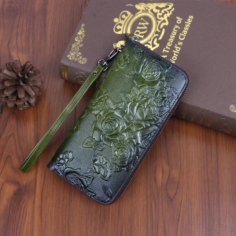 Genuine Leather Women Wallet Long Clutch Handy Bag Printing Rose flower Female Lady Card Retro Money Clips Purse