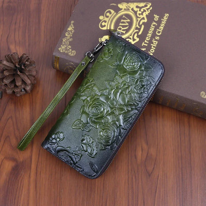 Genuine Leather Women Wallet Long Clutch Handy Bag Printing Rose flower Female Lady Card Retro Money Clips Purse