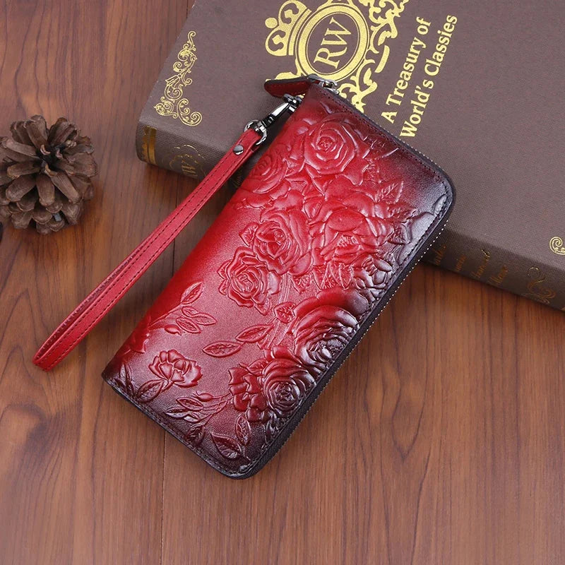 Genuine Leather Women Wallet Long Clutch Handy Bag Printing Rose flower Female Lady Card Retro Money Clips Purse
