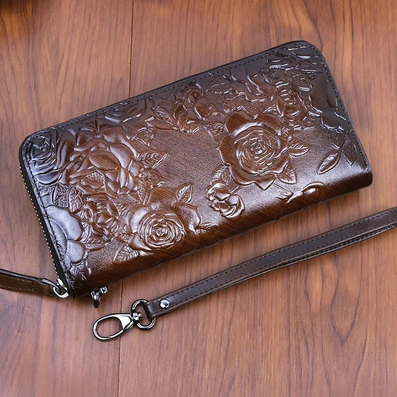 Genuine Leather Women Wallet Long Clutch Handy Bag Printing Rose flower Female Lady Card Retro Money Clips Purse
