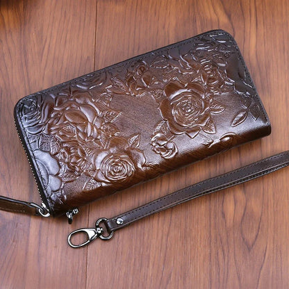 Genuine Leather Women Wallet Long Clutch Handy Bag Printing Rose flower Female Lady Card Retro Money Clips Purse