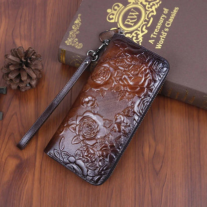 Genuine Leather Women Wallet Long Clutch Handy Bag Printing Rose flower Female Lady Card Retro Money Clips Purse