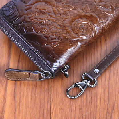 Genuine Leather Women Wallet Long Clutch Handy Bag Printing Rose flower Female Lady Card Retro Money Clips Purse