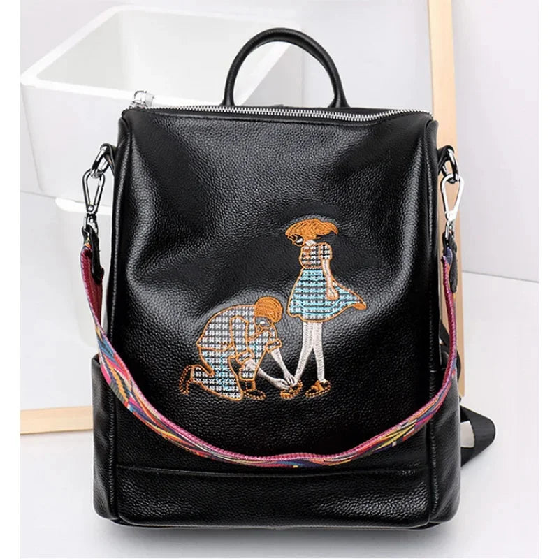 Genuine Leather Women's Backpack Fashion Embroidery School Trendy Lady Travel Shoulder Large Capacity Laptop Bag