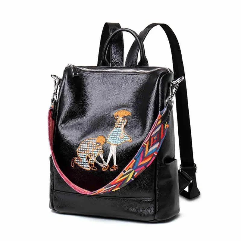 Genuine Leather Women's Backpack Fashion Embroidery School Trendy Lady Travel Shoulder Large Capacity Laptop Bag
