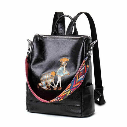 Genuine Leather Women's Backpack Fashion Embroidery School Trendy Lady Travel Shoulder Large Capacity Laptop Bag