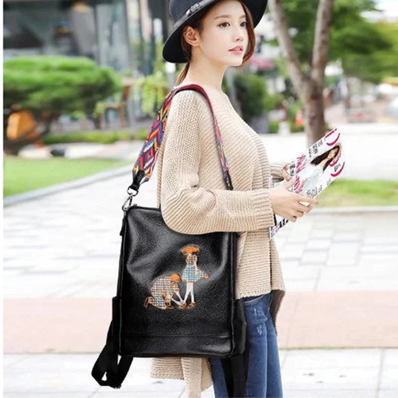Genuine Leather Women's Backpack Fashion Embroidery School Trendy Lady Travel Shoulder Large Capacity Laptop Bag