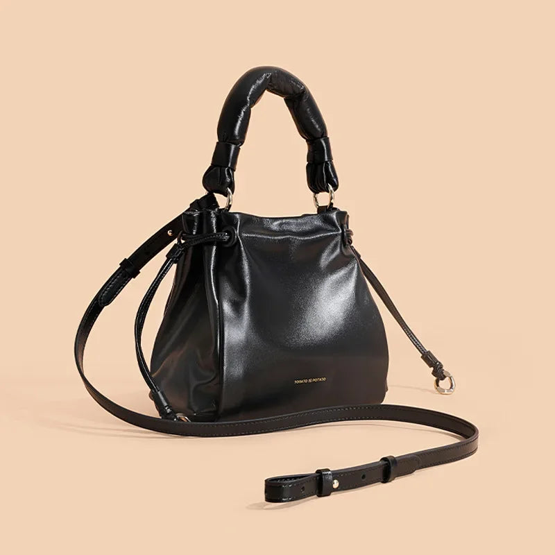 Genuine Leather Women's Bag, First-layer Cowhide Handbag, Crossbody Bag, Versatile Bucket Bag  Luxury Bags