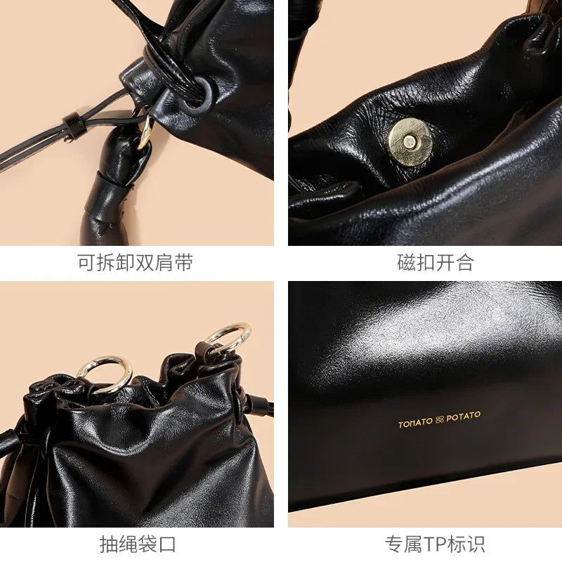 Genuine Leather Women's Bag, First-layer Cowhide Handbag, Crossbody Bag, Versatile Bucket Bag  Luxury Bags