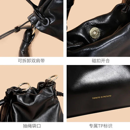 Genuine Leather Women's Bag, First-layer Cowhide Handbag, Crossbody Bag, Versatile Bucket Bag  Luxury Bags