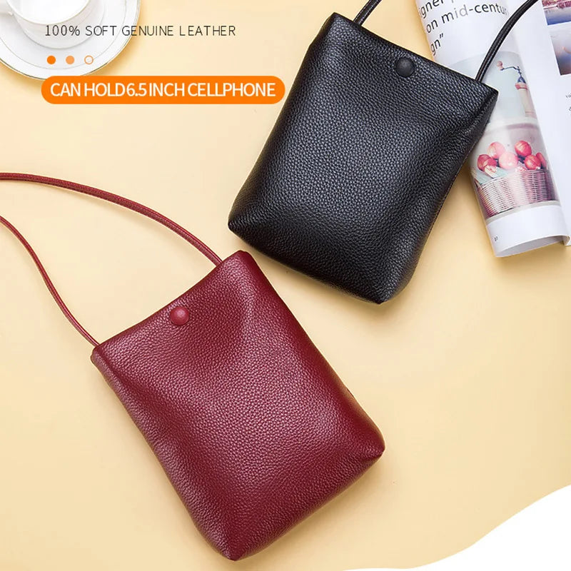 Genuine Leather Women's Bag Mini Bucket Bag for Lady Crossbody Bag Simple Flap Bag Soft Leather Cell Phone Purse Bolsas De Mujer