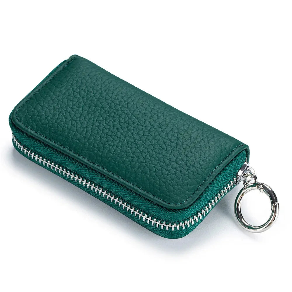 Genuine Leather chain Wallet Zippered Organizer Pouch with 6 Holders Removable Chain Loop for Car Keys Card Slot