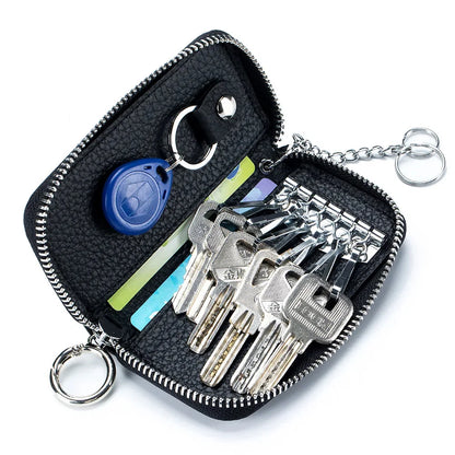 Genuine Leather chain Wallet Zippered Organizer Pouch with 6 Holders Removable Chain Loop for Car Keys Card Slot