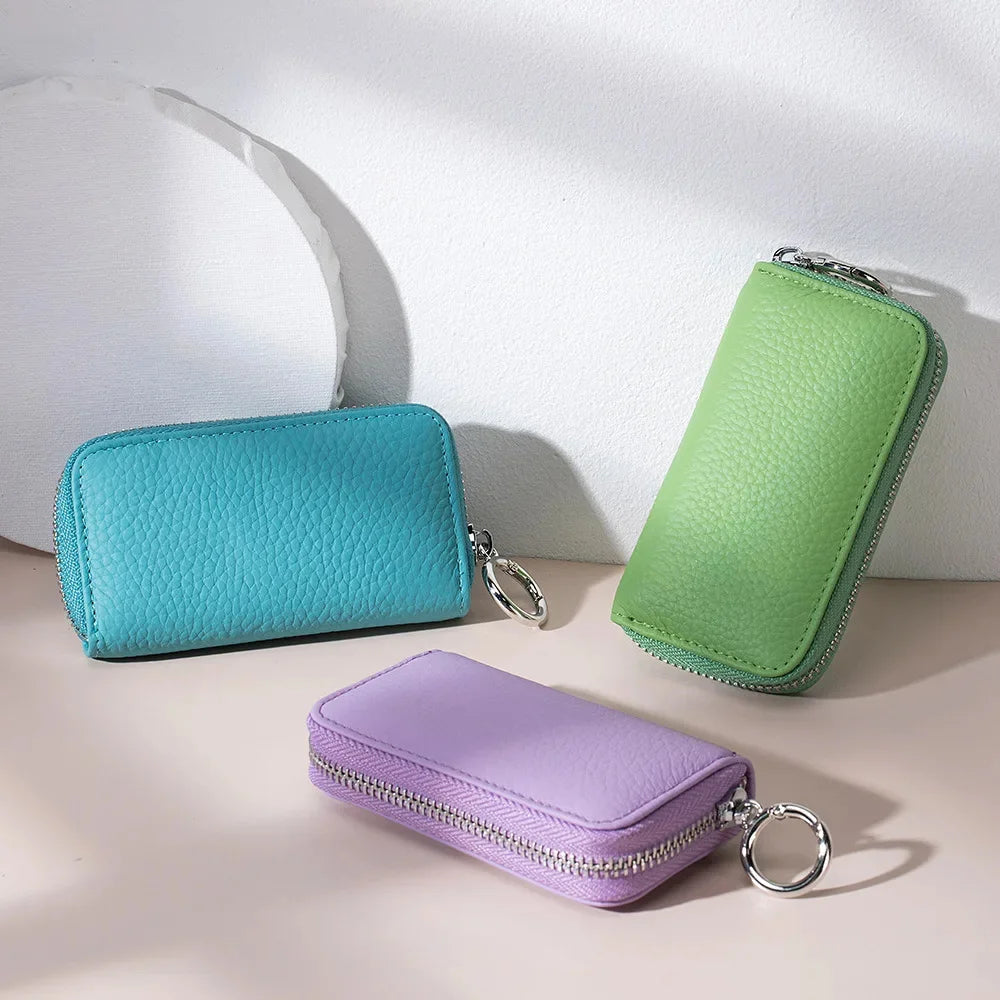 Genuine Leather chain Wallet Zippered Organizer Pouch with 6 Holders Removable Chain Loop for Car Keys Card Slot
