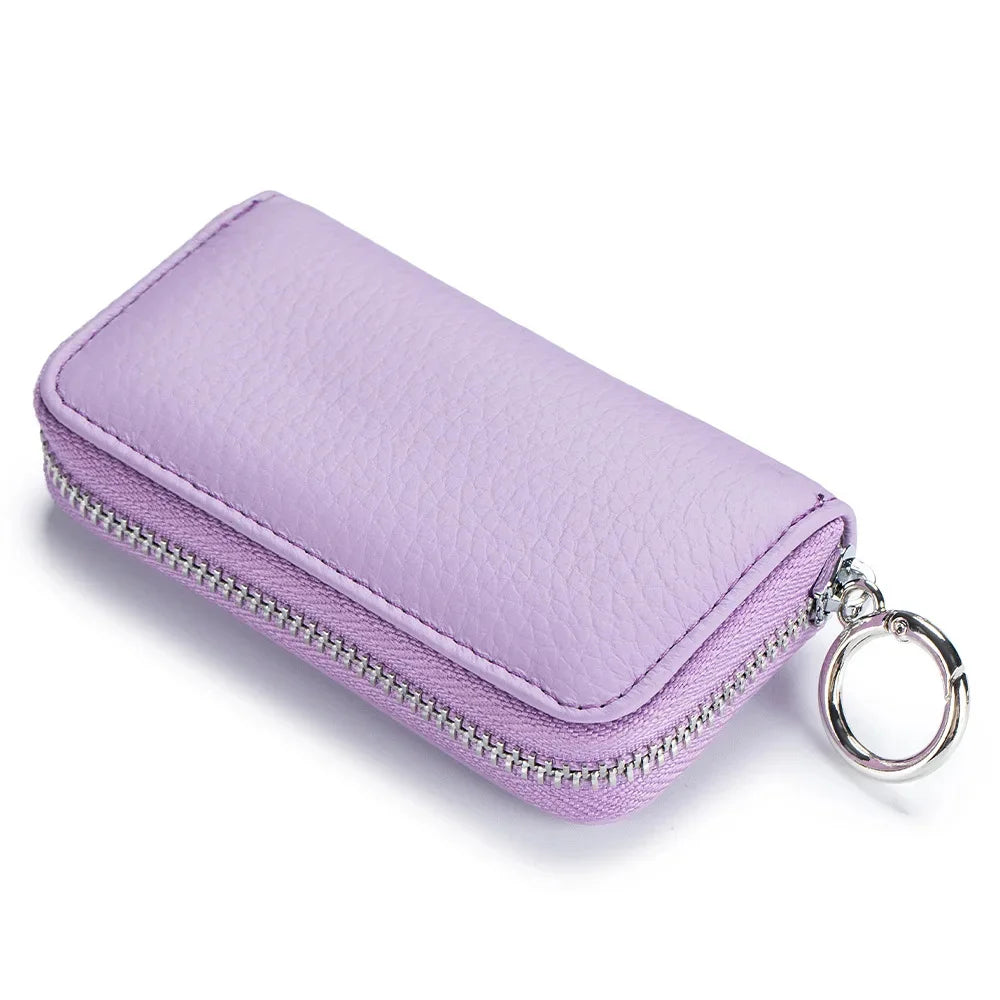 Genuine Leather chain Wallet Zippered Organizer Pouch with 6 Holders Removable Chain Loop for Car Keys Card Slot