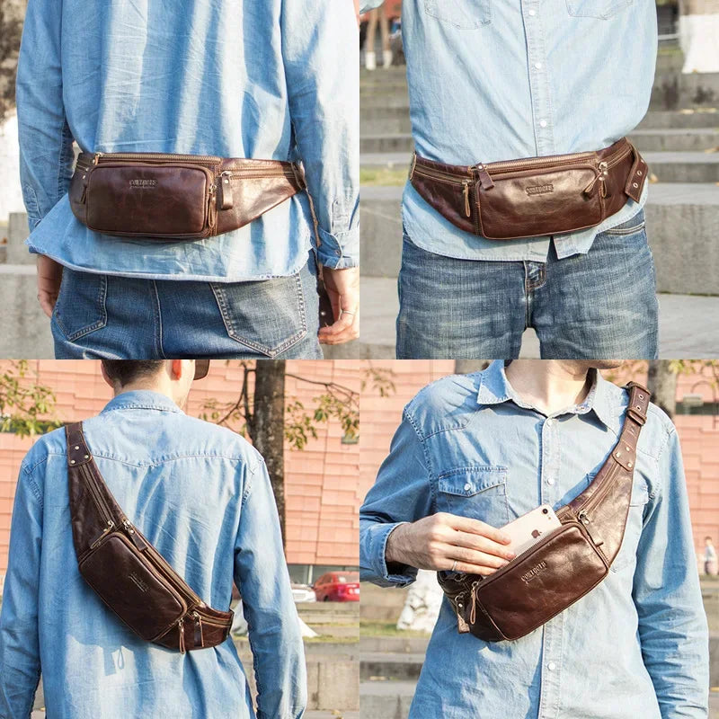Genuine Leather sports MEN'S waist pack fashion cowhide chest multifunction phone belt casual shoulder crossbody bag