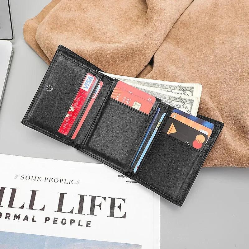 Genuine Men's RFID Anti-theft Brush Cowhide Short Card Bag Wholesale Three Fold Leather Wallet Fashion