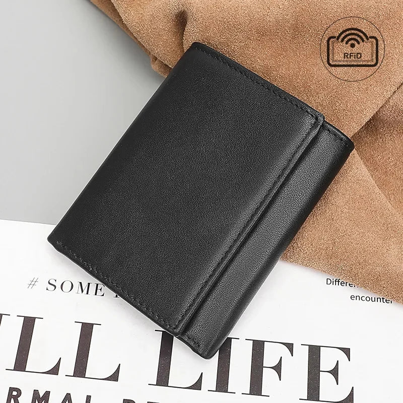Genuine Men's RFID Anti-theft Brush Cowhide Short Card Bag Wholesale Three Fold Leather Wallet Fashion