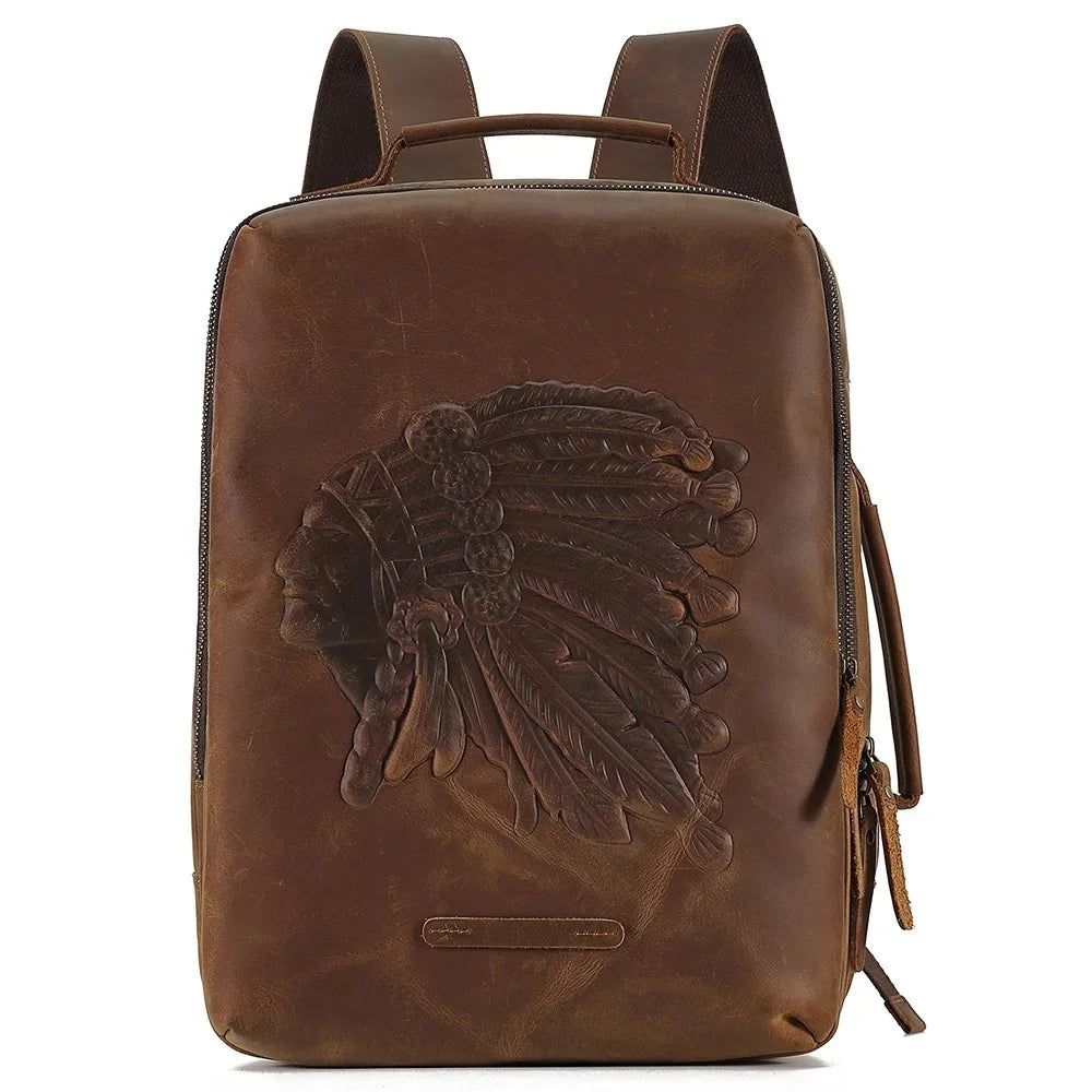 Genuine Men's for 14" Laptop Rucksack Crazy Horse Leather Men Schoolbag Retro Embossing Travel Backpack