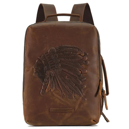 Genuine Men's for 14" Laptop Rucksack Crazy Horse Leather Men Schoolbag Retro Embossing Travel Backpack