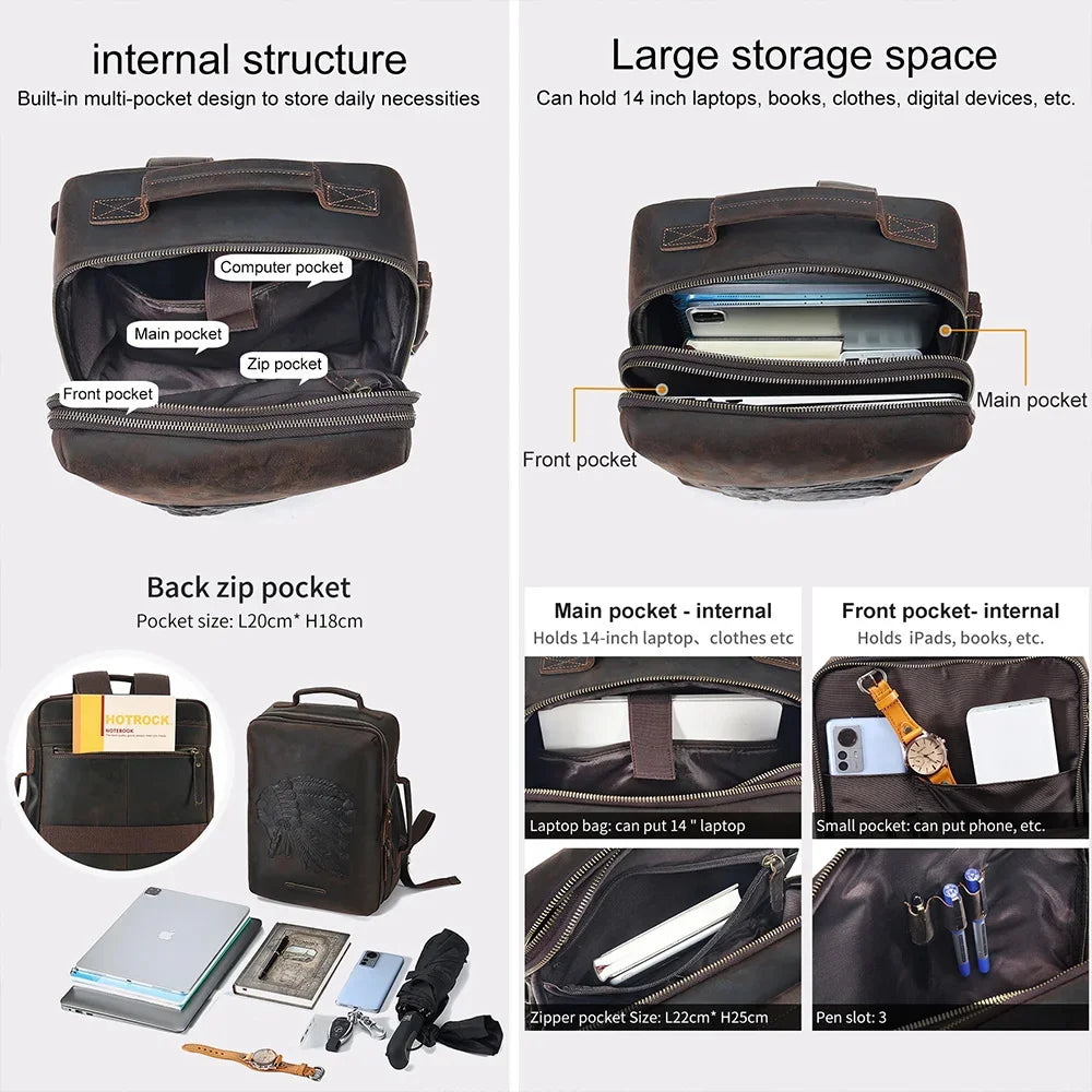 Genuine Men's for 14" Laptop Rucksack Crazy Horse Leather Men Schoolbag Retro Embossing Travel Backpack