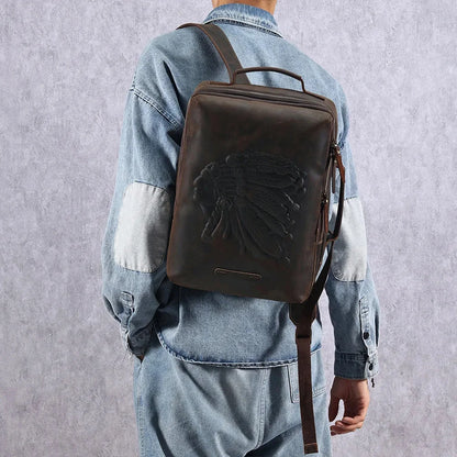 Genuine Men's for 14" Laptop Rucksack Crazy Horse Leather Men Schoolbag Retro Embossing Travel Backpack