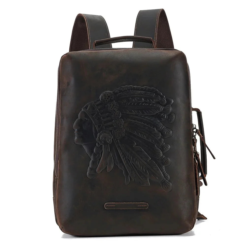 Genuine Men's for 14" Laptop Rucksack Crazy Horse Leather Men Schoolbag Retro Embossing Travel Backpack