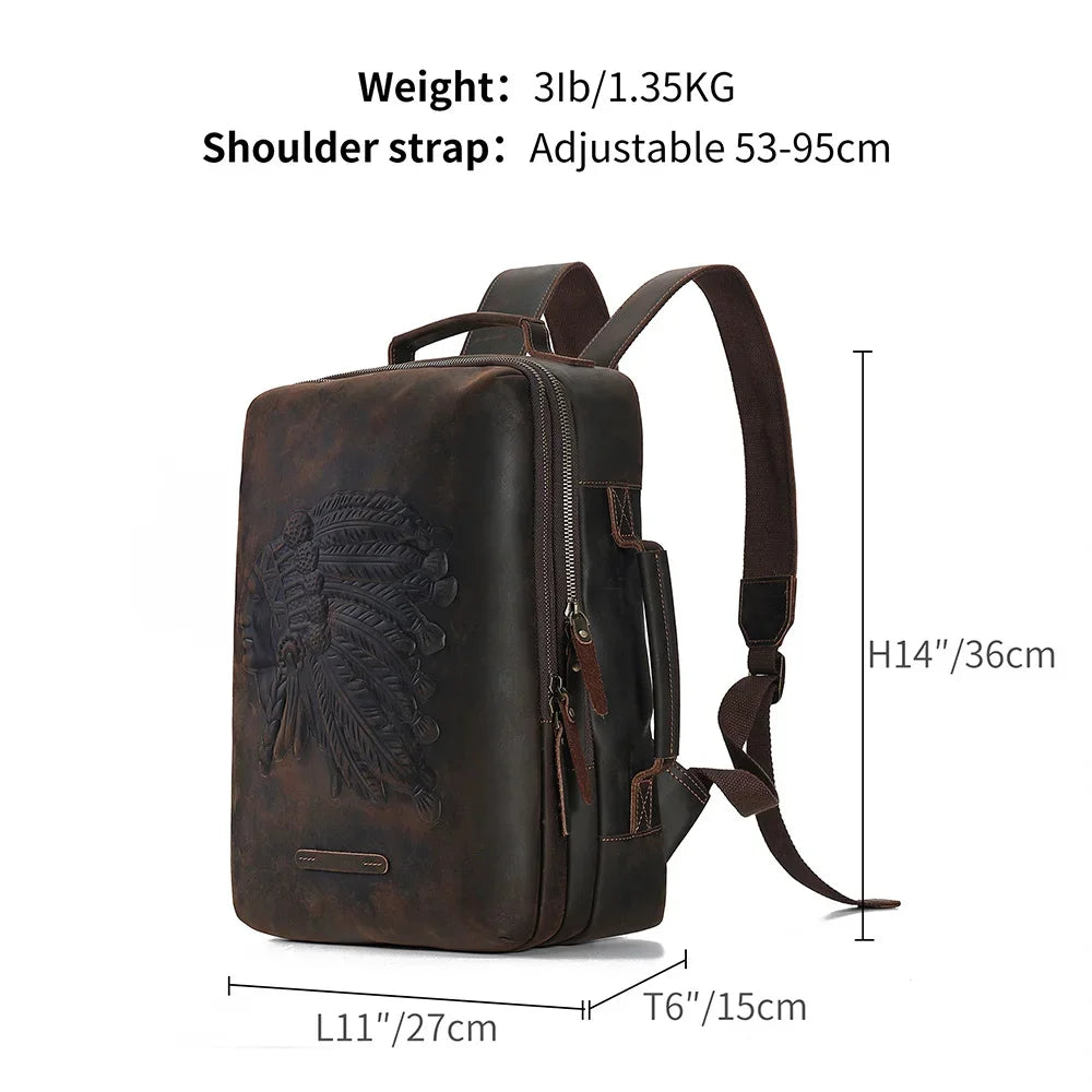 Genuine Men's for 14" Laptop Rucksack Crazy Horse Leather Men Schoolbag Retro Embossing Travel Backpack