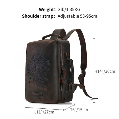 Genuine Men's for 14" Laptop Rucksack Crazy Horse Leather Men Schoolbag Retro Embossing Travel Backpack