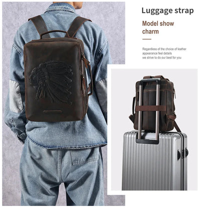Genuine Men's for 14" Laptop Rucksack Crazy Horse Leather Men Schoolbag Retro Embossing Travel Backpack