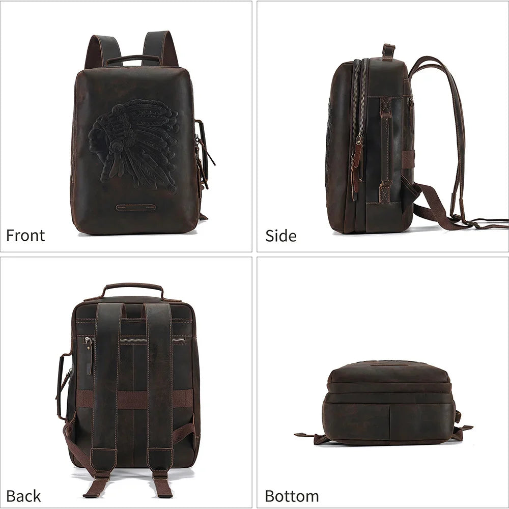 Genuine Men's for 14" Laptop Rucksack Crazy Horse Leather Men Schoolbag Retro Embossing Travel Backpack