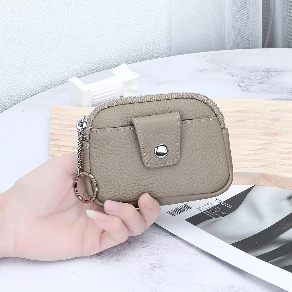 Genuine Mini Coin Purse Zipper with Key Holder Women's Soft Cow Leather Pouch Pocket Wallet for Change