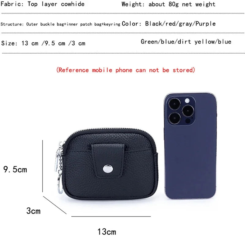 Genuine Mini Coin Purse Zipper with Key Holder Women's Soft Cow Leather Pouch Pocket Wallet for Change