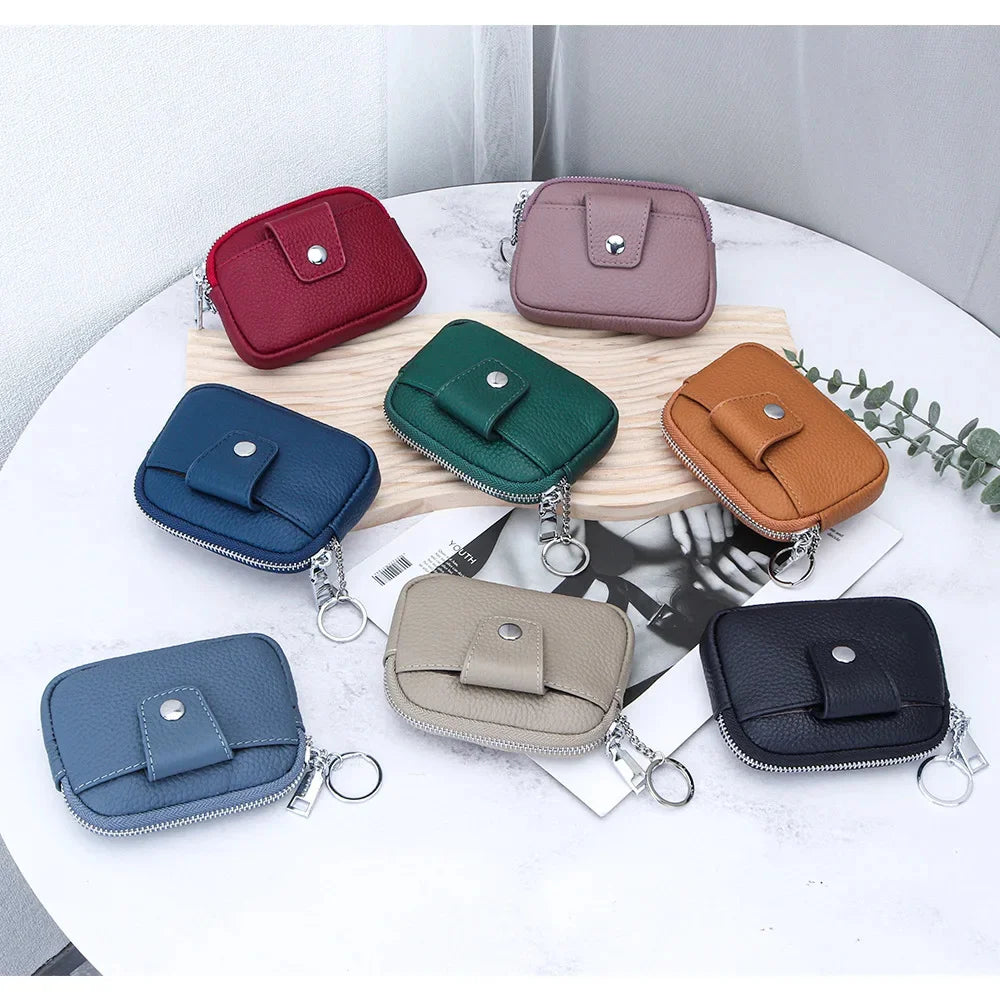 Genuine Mini Coin Purse Zipper with Key Holder Women's Soft Cow Leather Pouch Pocket Wallet for Change