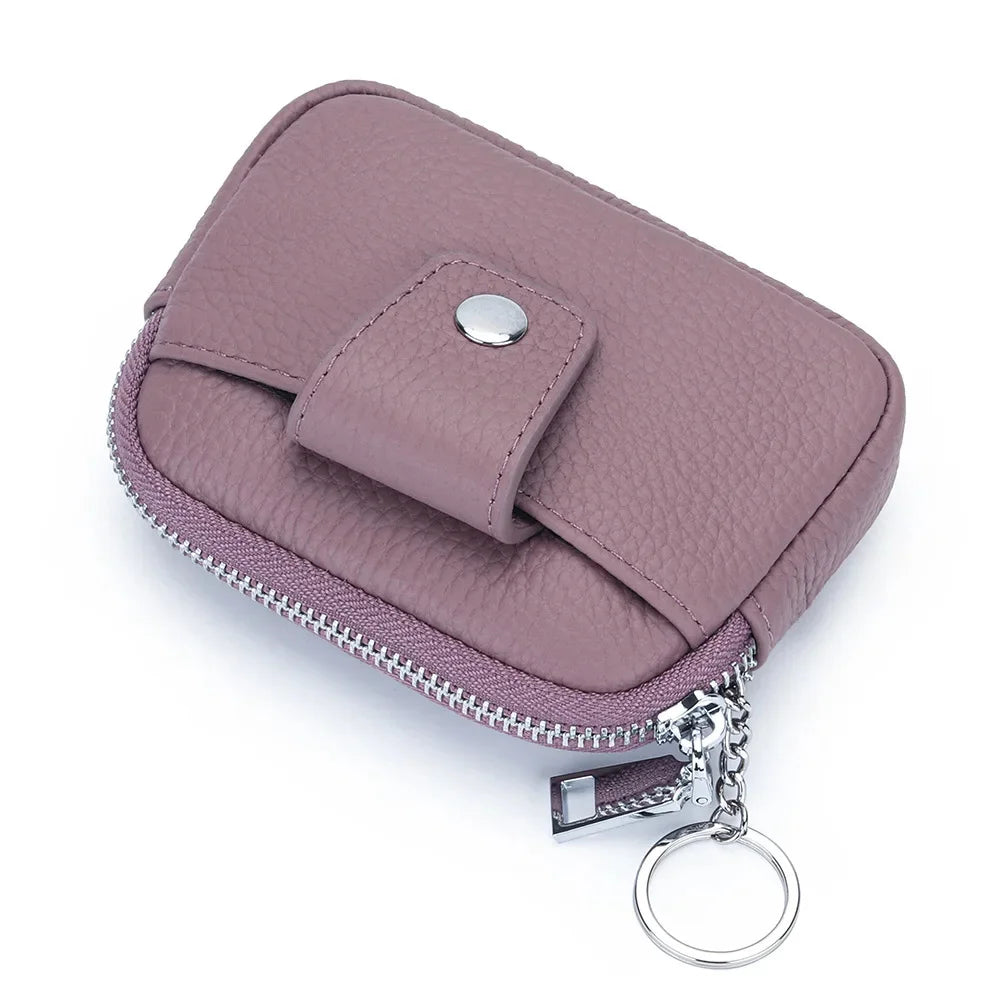 Genuine Mini Coin Purse Zipper with Key Holder Women's Soft Cow Leather Pouch Pocket Wallet for Change
