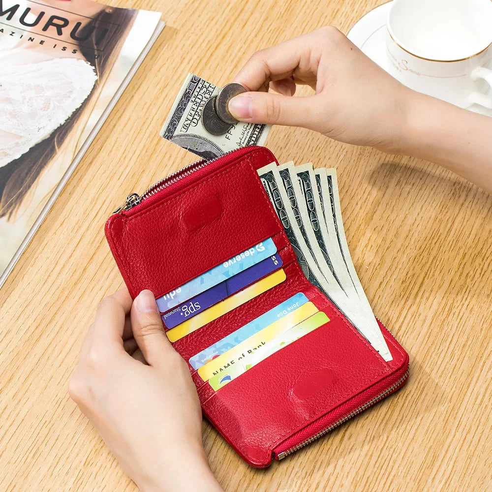 Genuine Short Soft Leather Fashionable Wallet Double Zippered Change Multifunctional Card Bag