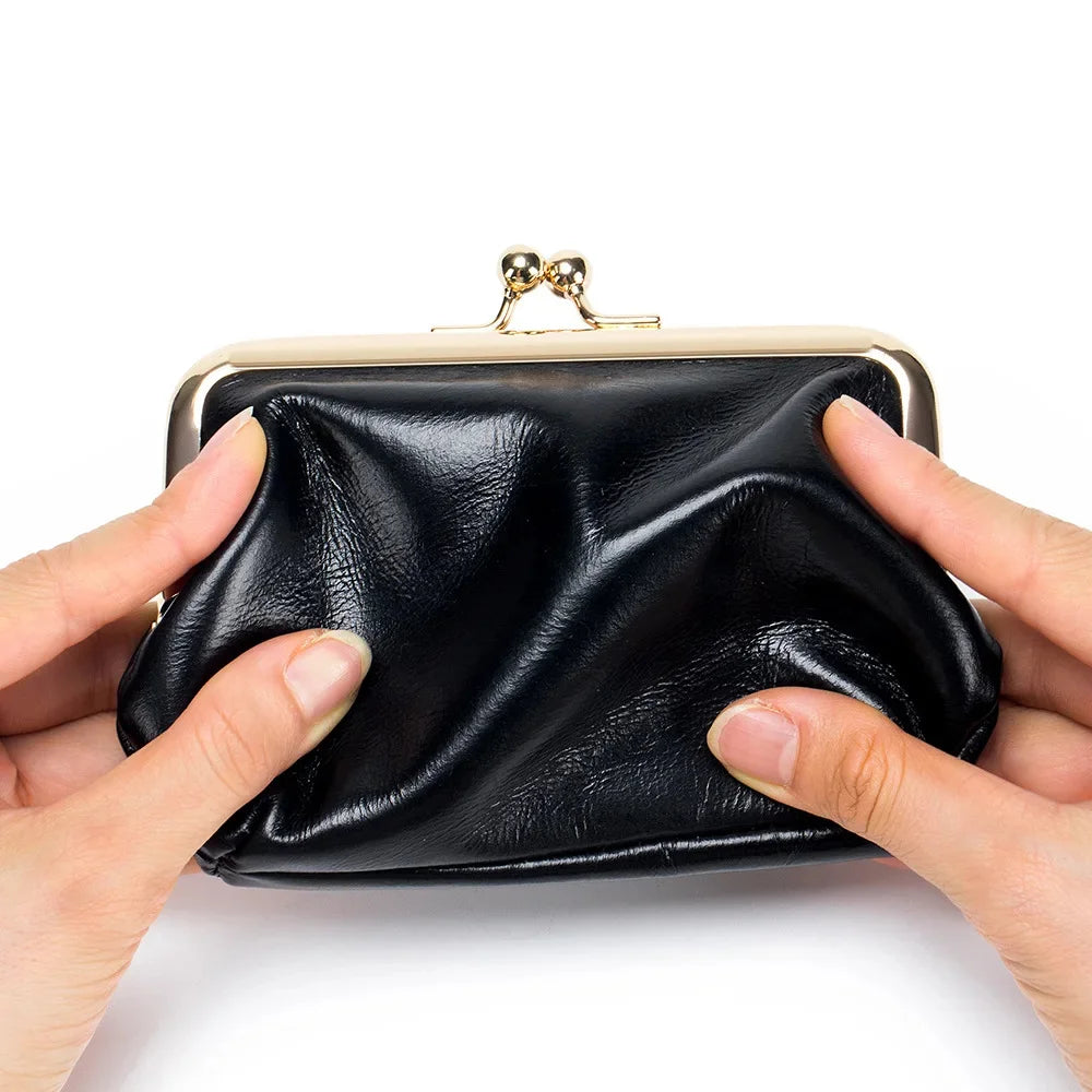 Genuine Wallet Women's Multi-card Slot Card Holder Women Oil Wax Leather Brand Metal Frame Mini Coin Purse with Key Ring