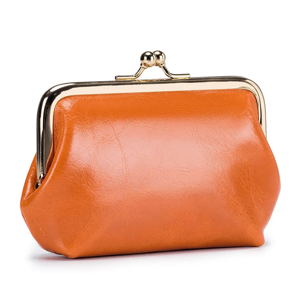 Genuine Wallet Women's Multi-card Slot Card Holder Women Oil Wax Leather Brand Metal Frame Mini Coin Purse with Key Ring