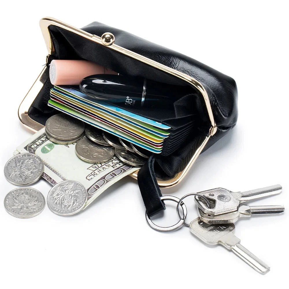 Genuine Wallet Women's Multi-card Slot Card Holder Women Oil Wax Leather Brand Metal Frame Mini Coin Purse with Key Ring