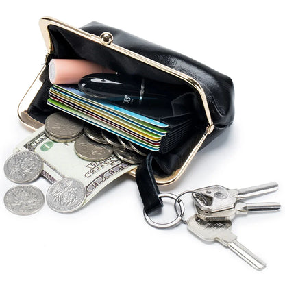 Genuine Wallet Women's Multi-card Slot Card Holder Women Oil Wax Leather Brand Metal Frame Mini Coin Purse with Key Ring