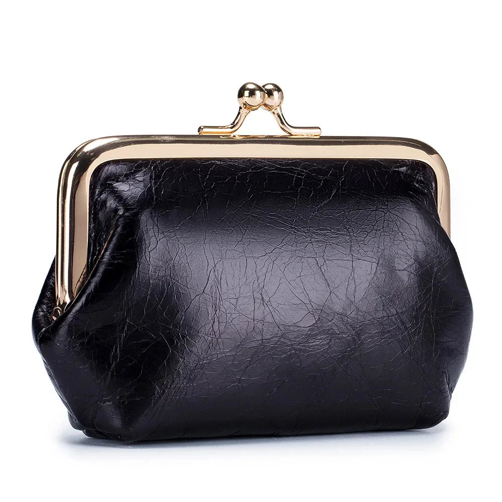 Genuine Wallet Women's Multi-card Slot Card Holder Women Oil Wax Leather Brand Metal Frame Mini Coin Purse with Key Ring